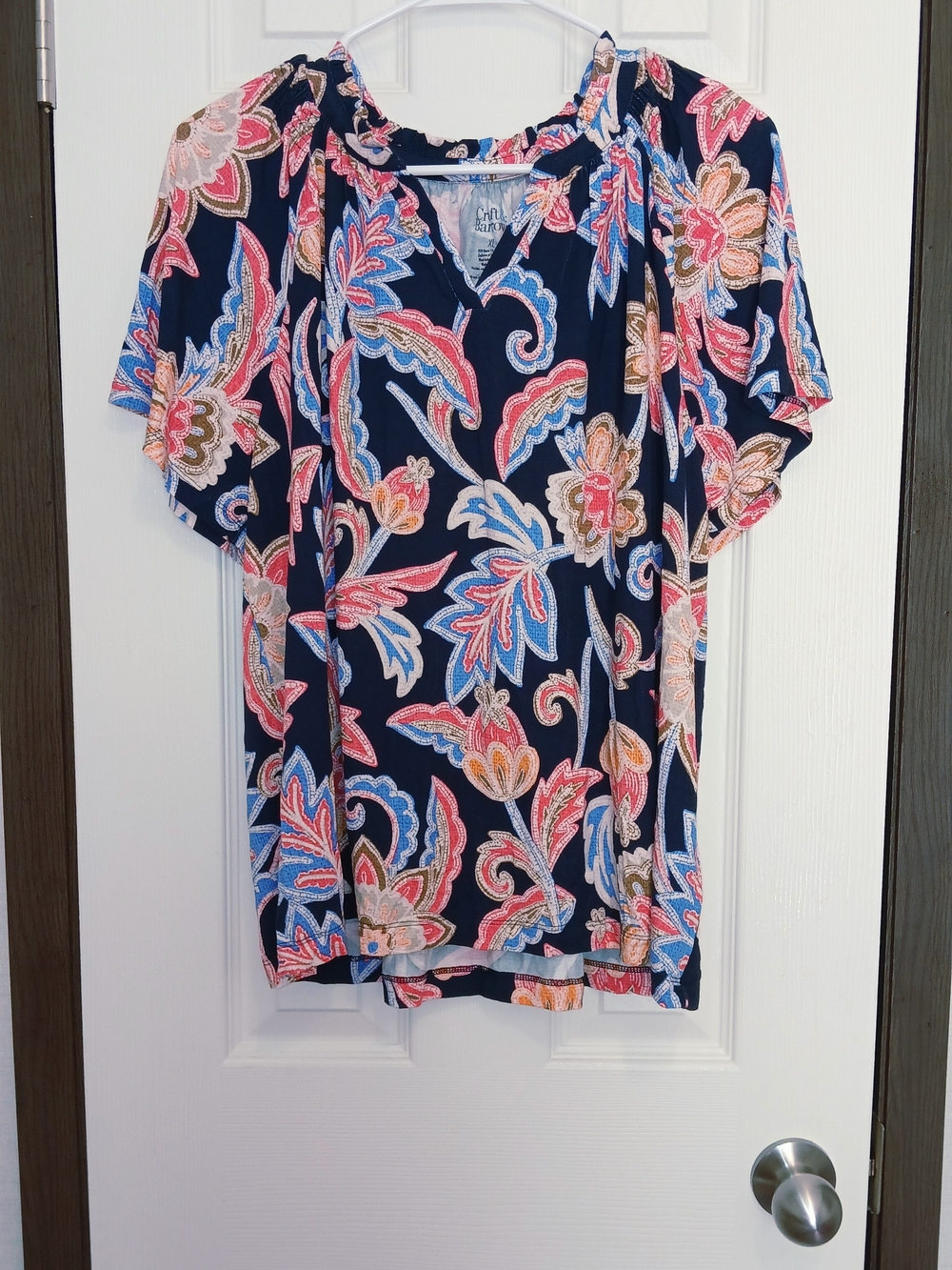 croft & barrow Navy Paisley Tie-Neck Blouse with Coral & Light Blue Accents